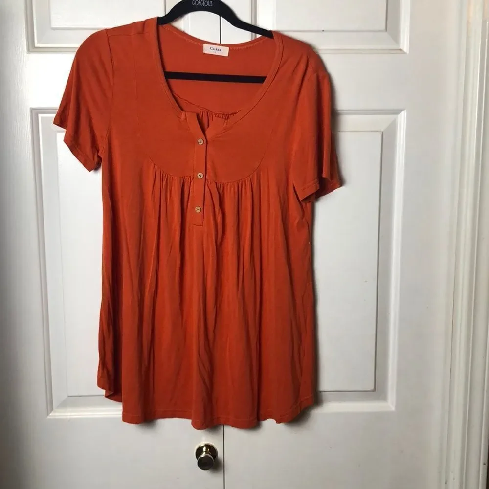 2/$10 Ca kra Womens Short Sleeve Button Placket Blouse Top Orange Large - Picture 1 of 3